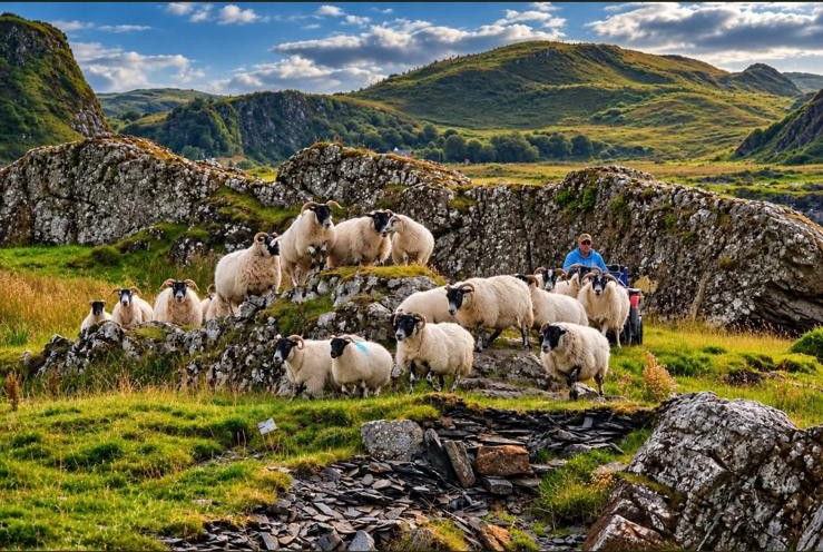 Sheep and a shepherd in the Scottish Highlands